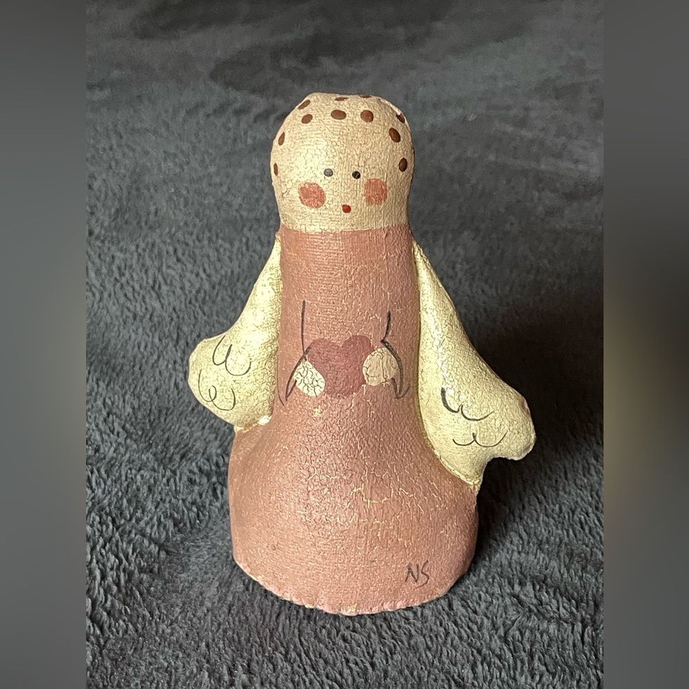 Vintage Natalie Silitch folk art crackled canvas figure- Angel with a heart.